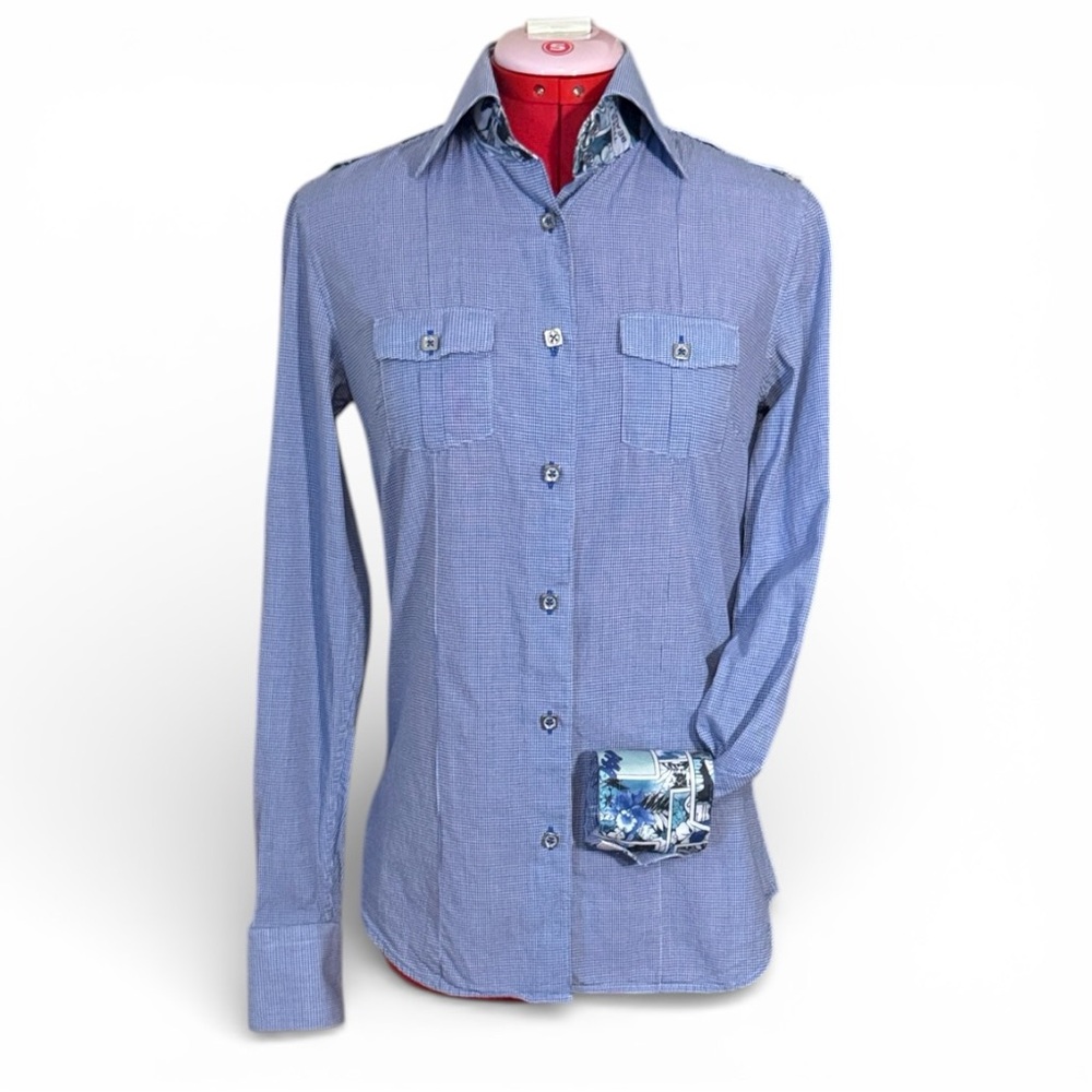 Jared Lang Blue Checkered Button-Down Shirt with Contrasting Accents Size Small